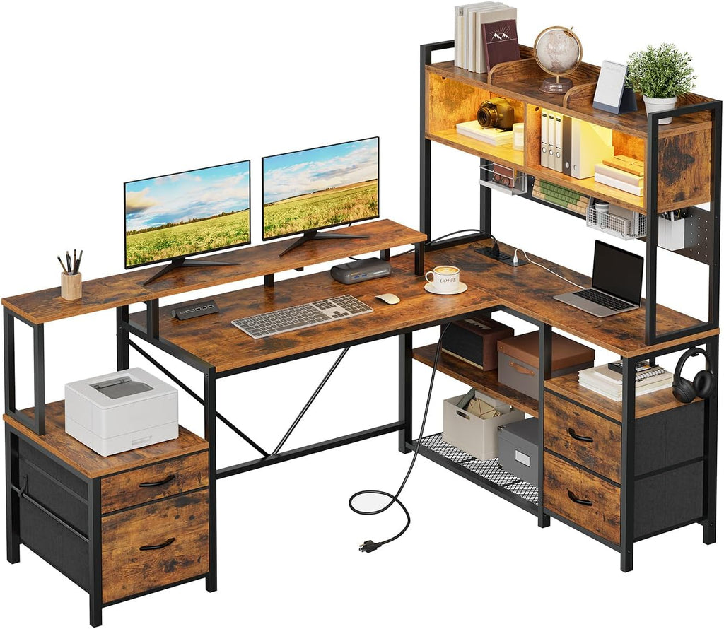 RALGEND 75' L Shaped Gaming Desk with Hutch, L Shaped Desk with Drawers, LED Light, Power Outlets & Pegboard, Corner Desk with Storage Shelves & Monitor Stand for Home Office, Rustic Brown and Black