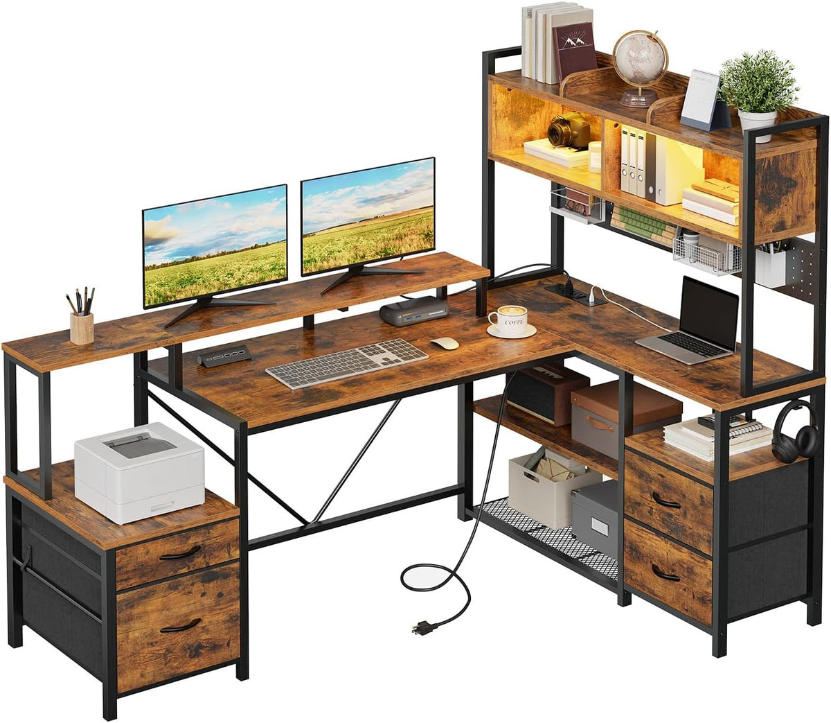 RALGEND 75' L Shaped Gaming Desk with Hutch, L Shaped Desk with Drawers, LED Light, Power Outlets & Pegboard, Corner Desk with Storage Shelves & Monitor Stand for Home Office, Rustic Brown and Black