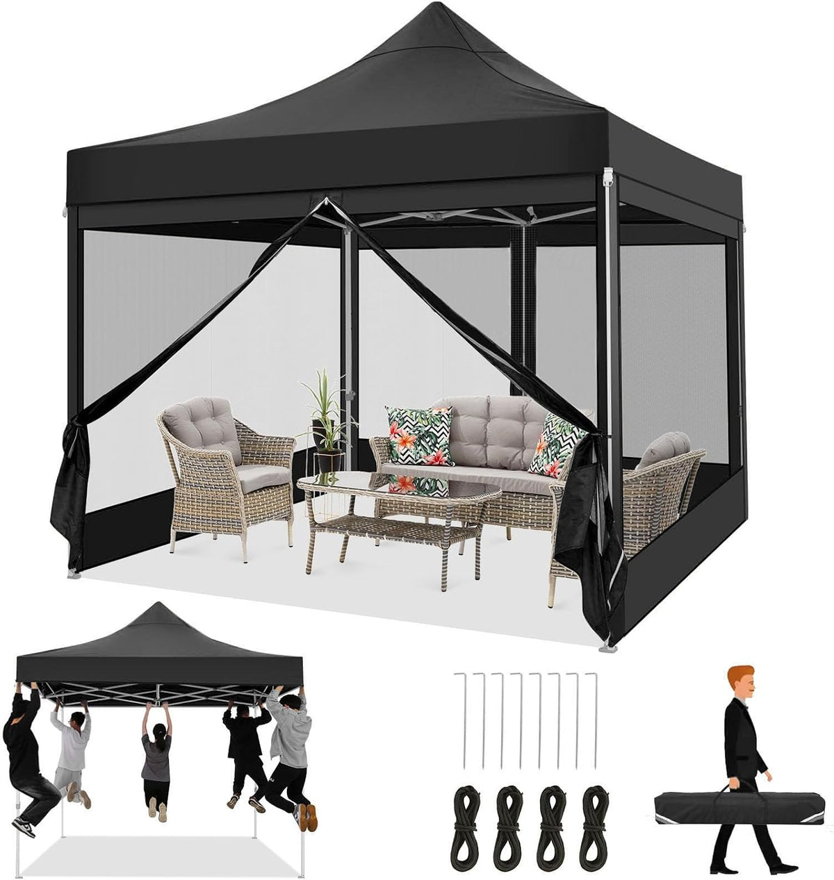 COBIZI 10x10 Heavy Duty Pop Up Canopy with 4 Mosquito Netting Wall, Easy Set Up Commercial Gazebo Party Tent, Outdoor Instant Screen Canopy for Backyard, Patio, Garden, Black