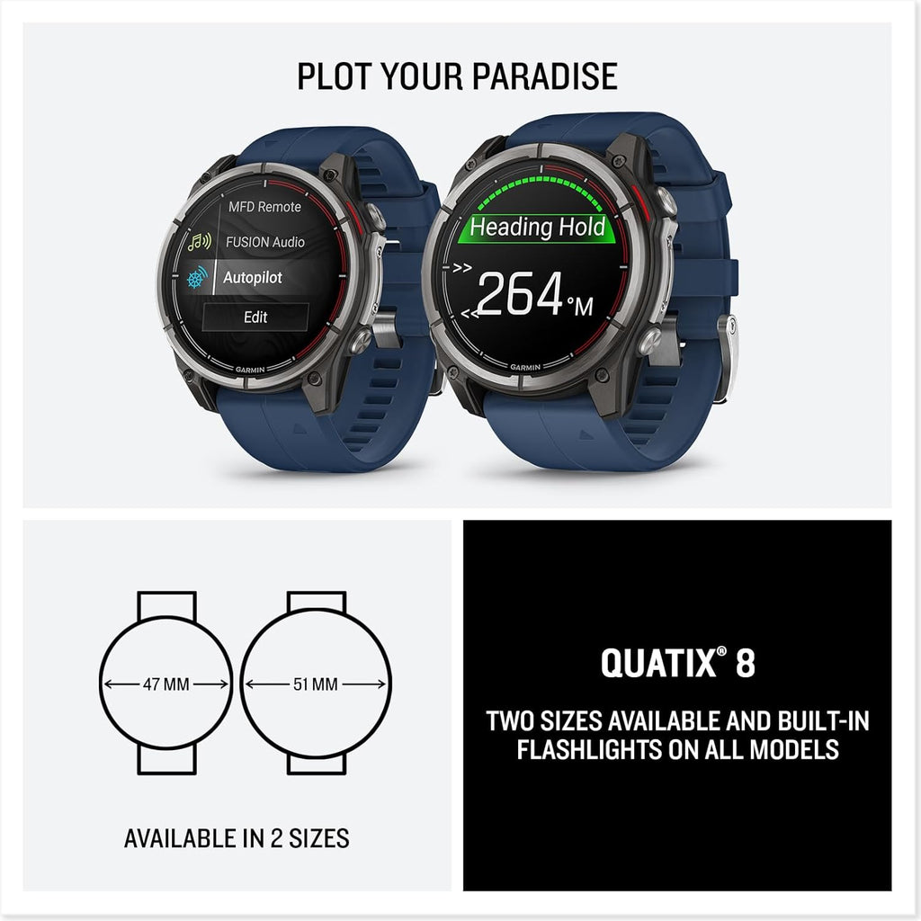 Garmin® quatix® 8, 51 mm, Marine GPS Smartwatch, Bright AMOLED Display, Chartplotter Controls, Built-in Flashlight, 24/7 Health & Wellness Features