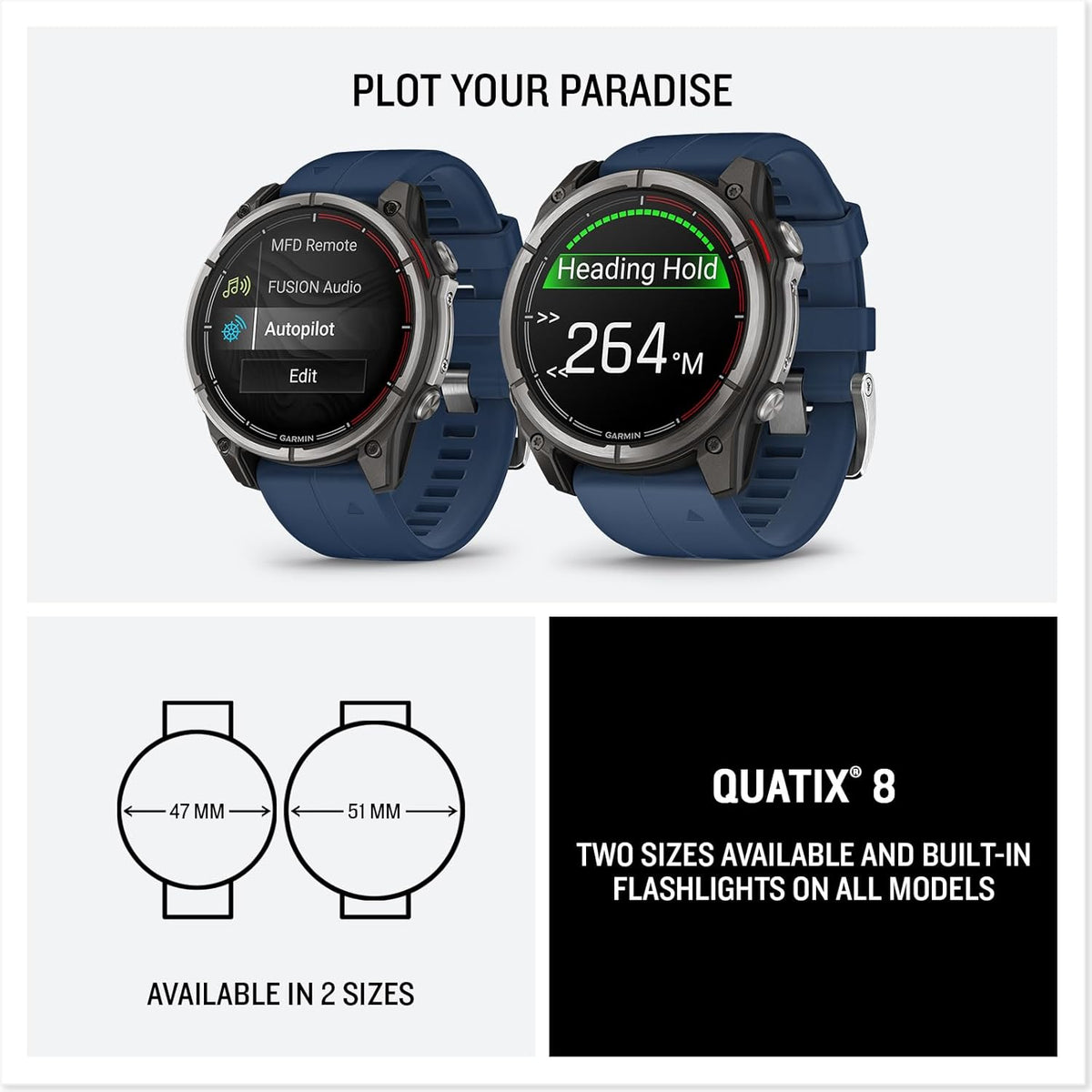 Garmin® quatix® 8, 51 mm, Marine GPS Smartwatch, Bright AMOLED Display, Chartplotter Controls, Built-in Flashlight, 24/7 Health & Wellness Features