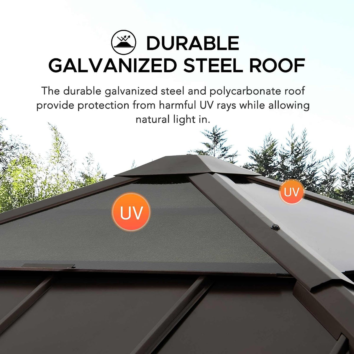 Sunjoy Hardtop Gazebo 9 x 9 ft. Cedar Framed Wood Gazebo with Brown Steel & Polycarbonate Pyramid Hip Roof and Ceiling Hook for Garden, Backyard Shade, Brown Roof + Natural Wood Frame