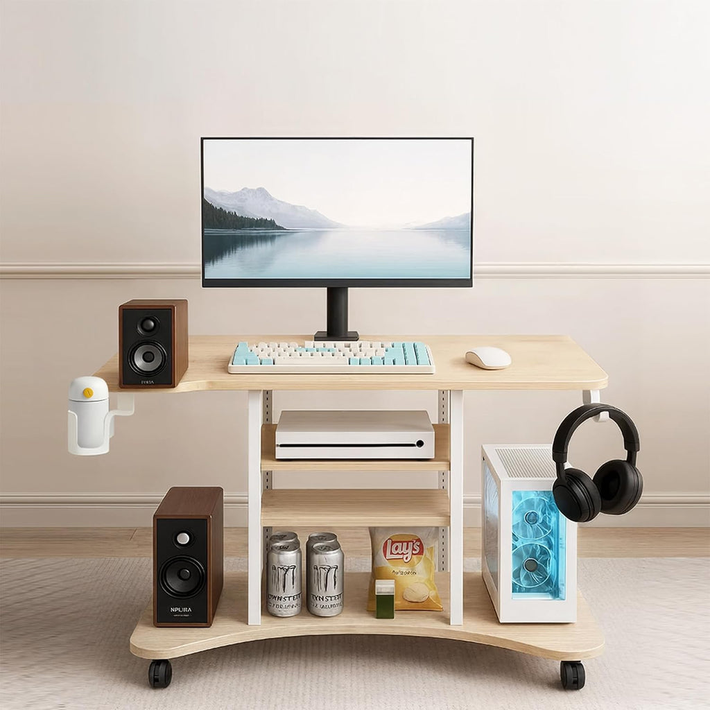 EUREKA ERGONOMIC Gaming Desk Computer, 37' Rolling Desk on Wheels for Small Space, Mobile Computer Cart with Pegboards Adjustable Shelves for Gaming PS Switch, Craft Station, Home Office - Maple