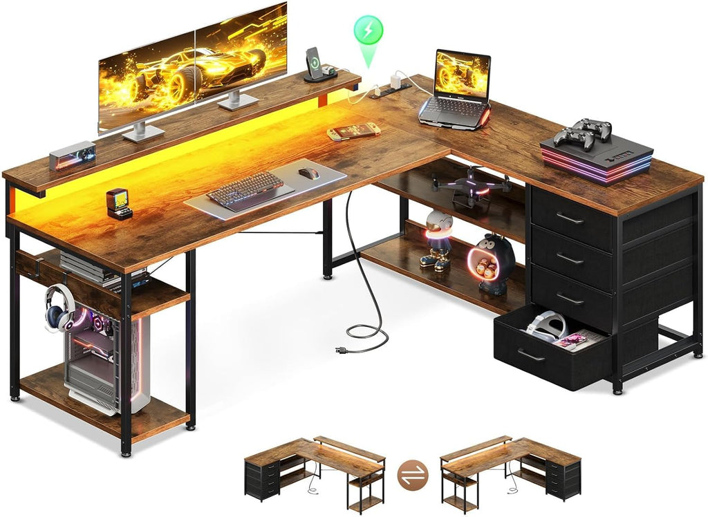 AODK 61' L Shaped Desk with Drawer, Computer Desk with Power Outlets & LED Lights, Reversible Corner Gaming Desks for Home Office Workstation, Office Table with Monitor Shelf, Vintage