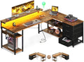 AODK 61' L Shaped Desk with Drawer, Computer Desk with Power Outlets & LED Lights, Reversible Corner Gaming Desks for Home Office Workstation, Office Table with Monitor Shelf, Vintage