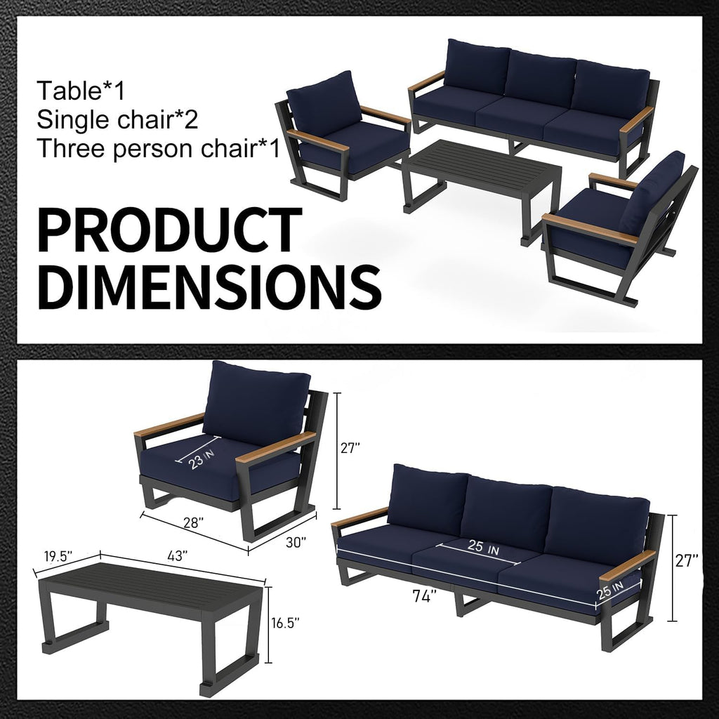 Aug-guan Aluminum Outdoor Sofa,4 Seats Modern Patio Furniture Set,Sectional Sofa Conversation Set with Coffee Table, Upgraded Washable Cushions for Garden Backyard,Blue