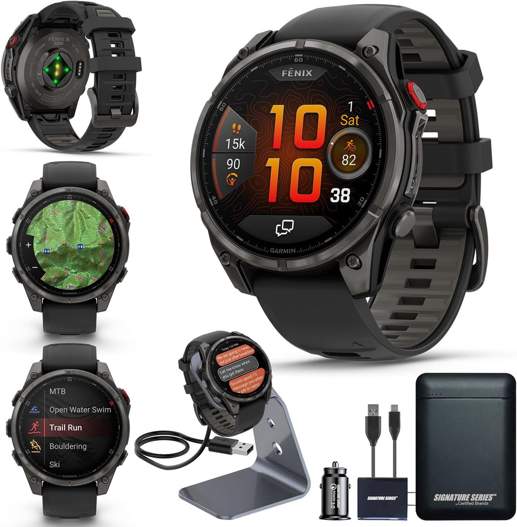 Garmin Fenix 8 Pro, 47mm, AMOLED Display, Premium Multisport GPS Smartwatch, inReach Technology for Emergency Survival, Health Tracking | Carbon Gray/Black, Signature Series Power Bundle