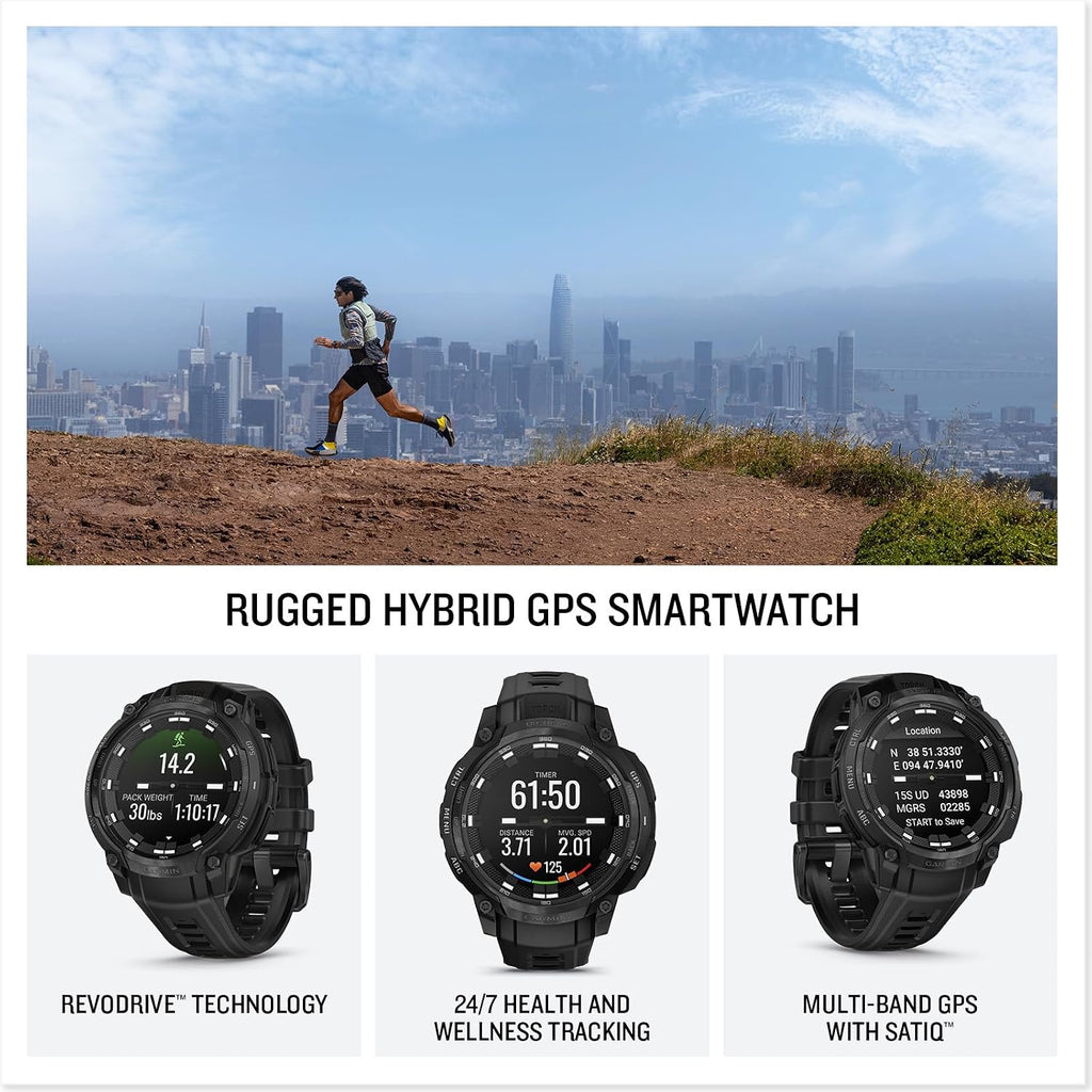 Garmin Instinct® Crossover AMOLED - Tactical Edition, Rugged Hybrid GPS Tactical Smartwatch with Analog Watch Hands and Bright AMOLED Display, Black with Black Silicone Band