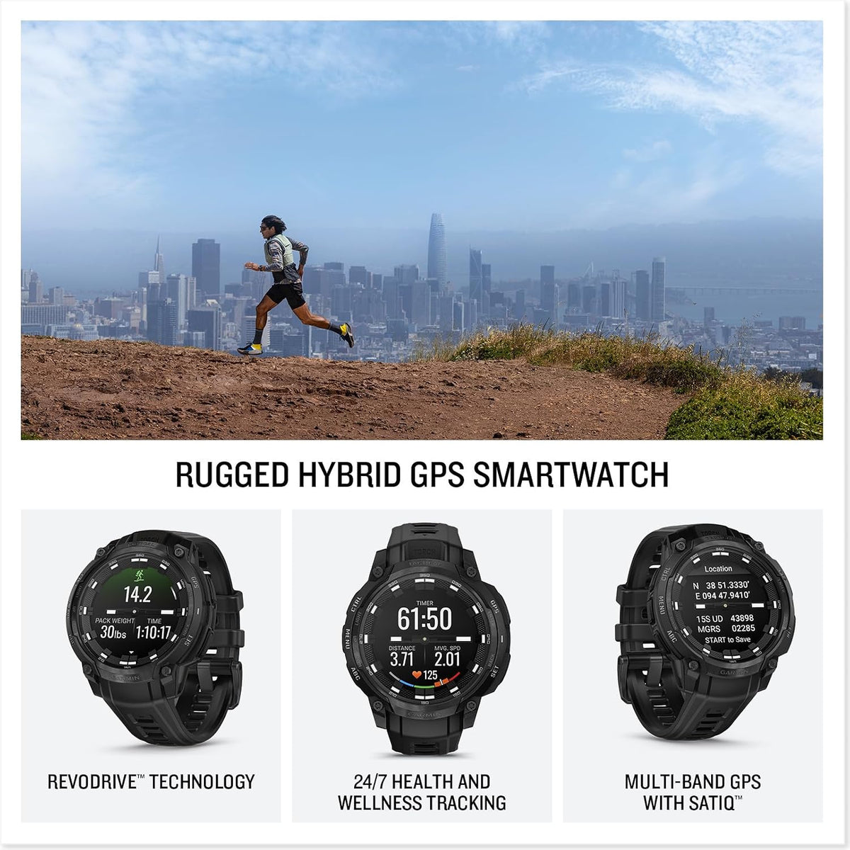 Garmin Instinct® Crossover AMOLED - Tactical Edition, Rugged Hybrid GPS Tactical Smartwatch with Analog Watch Hands and Bright AMOLED Display, Black with Black Silicone Band