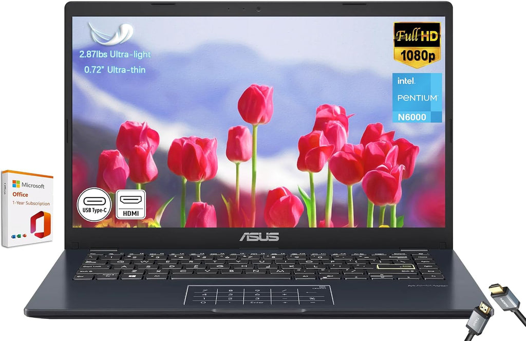 ASUS Vivobook go 14' FHD Laptop, Intel Pentium N6000 (Up to 3.30GHz), 1920x1080 Display, 4GB Memory, 64GB eMMC, 1-Year of Microsoft 365, NumberPad, Webcam, HDMI, Wi-Fi, Win11H in S Mode, E410KA