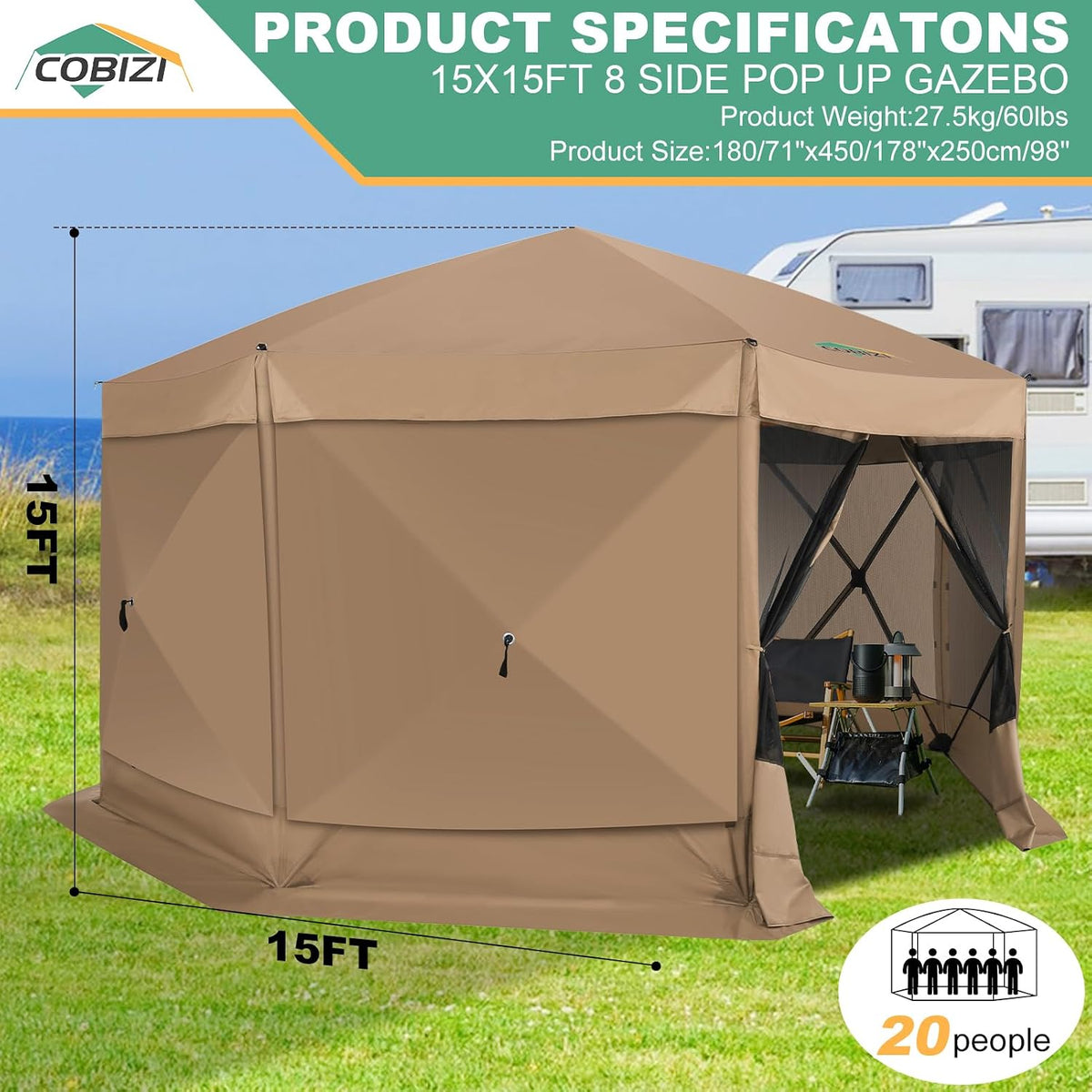 COBIZI 15x15 FT Pop Up Gazebo - Canopy Tent, Large Gazebos On Clearance with Sidewalls,carpas para Patio,Screened in Gazebo,Portable Screen Tents for 12-15 Persons Outdoor Camping, Backyard, Khaki