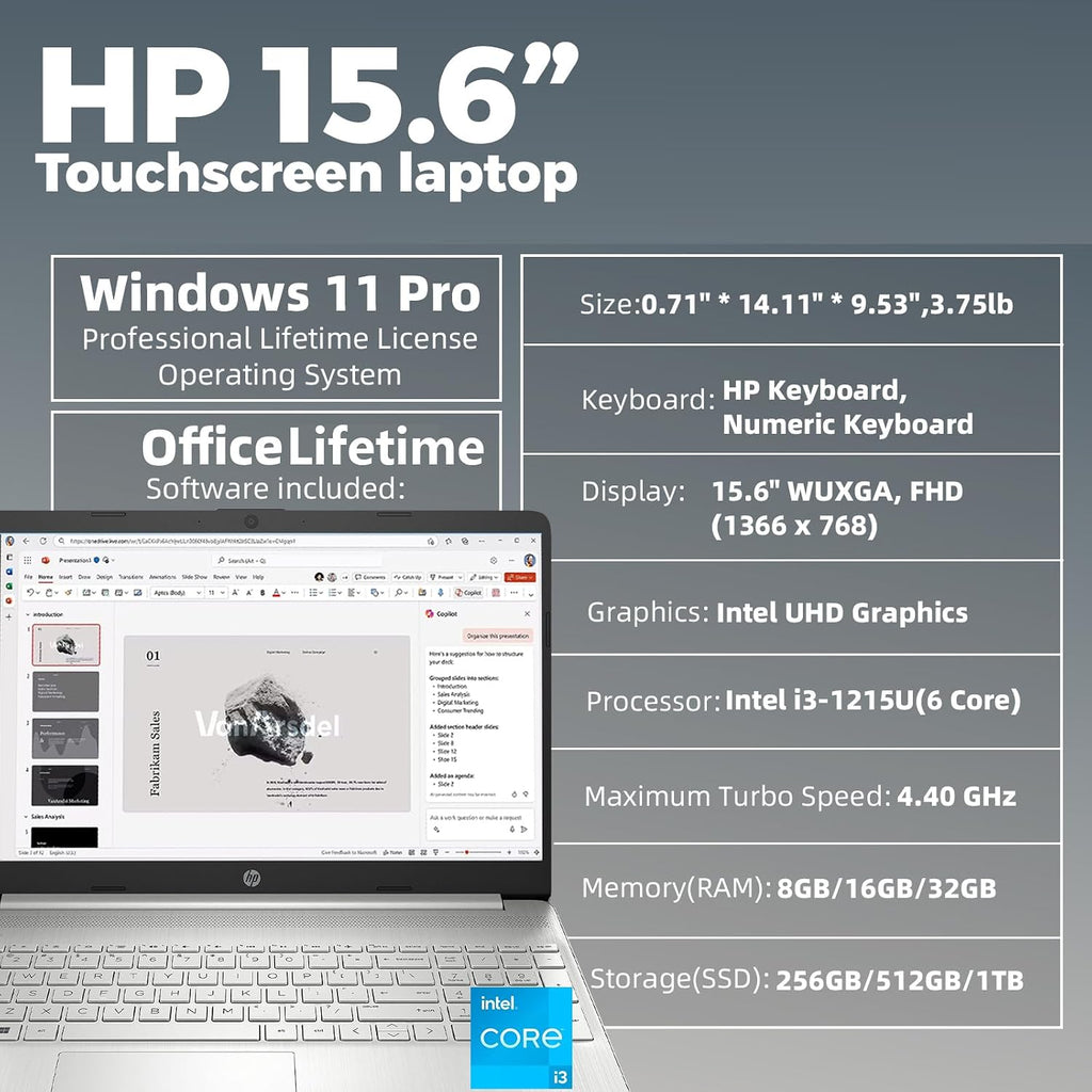 HP Flagship Touchscreen Laptop Computer - Win 11 Pro • Microsoft Office Lifetime • 15.6' Full HD Touchscreen • Intel i3 1215U • Wi-Fi 5 • Anti-Glare HD Display w/Laptop Bundle(16G RAM • 1TB SSD)
