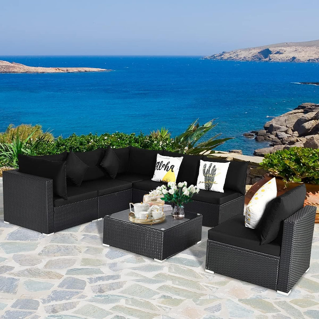 HAPPYGRILL 7 Pieces Patio Furniture Set Outdoor Rattan Wicker Sectional Sofa Set with Cushions & Pillows & Coffee Table for Garden Lawn