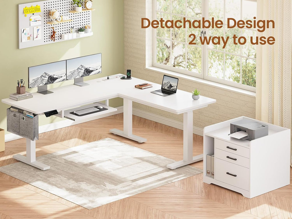 SEDETA L Shaped Electric Standing Desk with File Cabinet, 63 x 53'' Height Adjustable Home Office Computer Desk with Drawers, Power Outlet, Stand up Gaming Table with Led Lights, Keyboard Tray, White