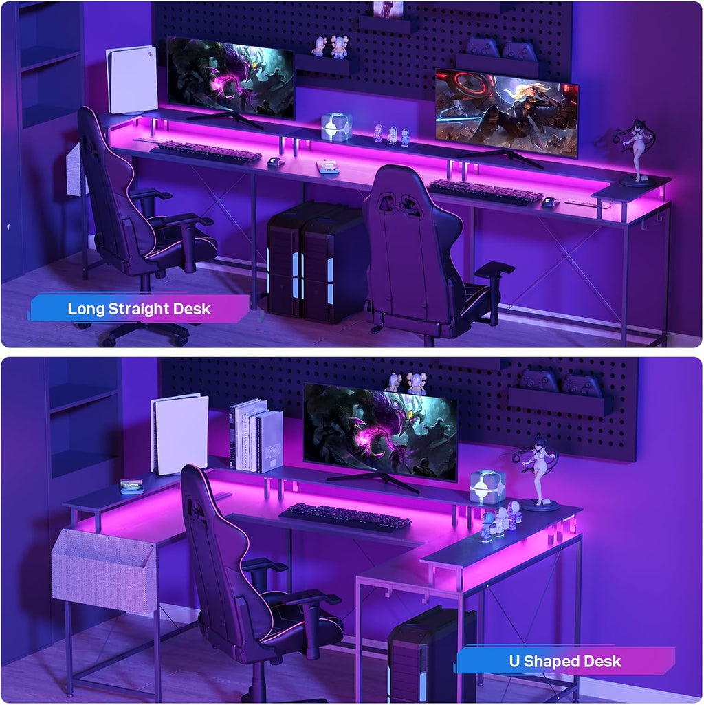 IDEALHOUSE U Shaped Home Office Desk, Reversible L Shaped Gaming Computer Desk with Power Outlets,126 Inch Computer Desk with Monitor Stand and LED Lights,Storage Shelves,Storage Bag and Hooks（Black）
