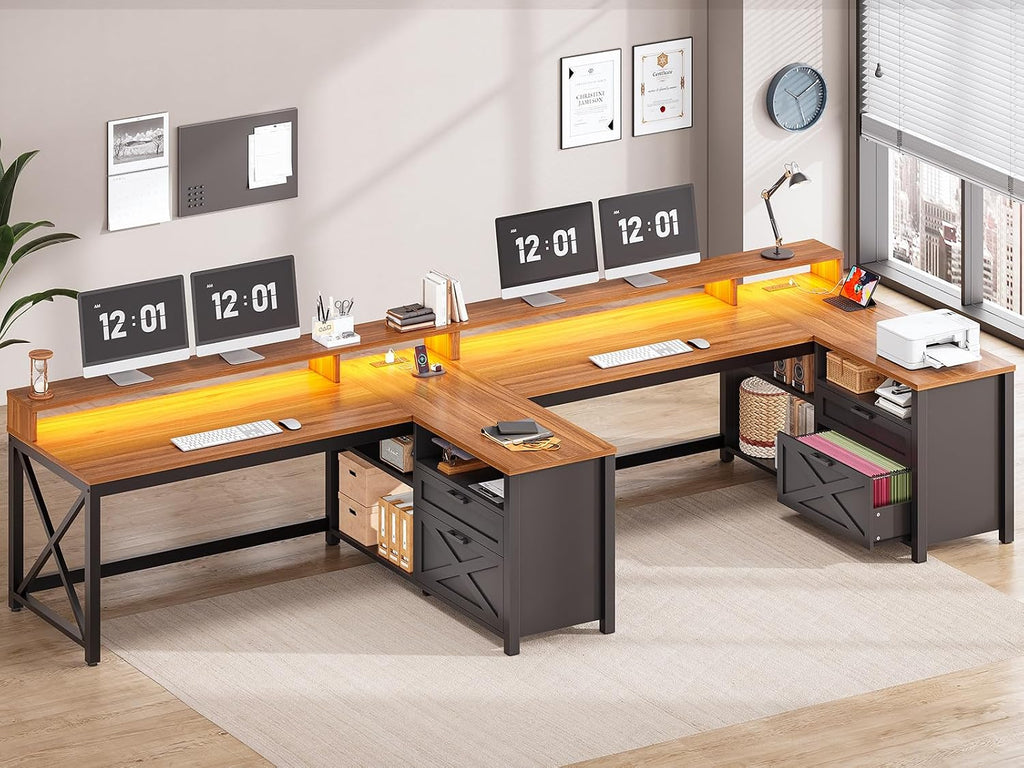 SEDETA L Shaped Gaming Desk with Drawers, 55' Farmhouse Computer Desk with File Drawer and Storage Shelves, Corner Gaming Desk with LED Lights and Monitor Shelf, Black and Brown