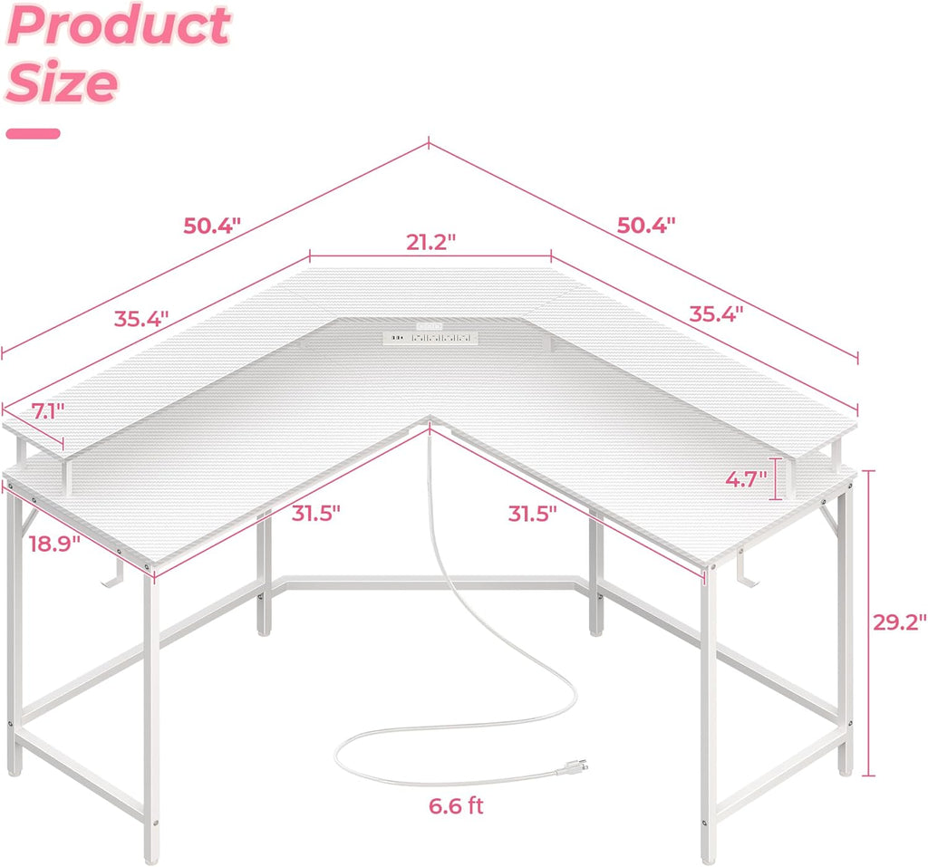 Huuger L Shaped Gaming Desk with Power Outlets & LED Lights, Computer Desk with Monitor Shelves, Carbon Fiber Surface, Home Office Desk, Corner Gaming Desk with Hooks, Carbon Fiber White