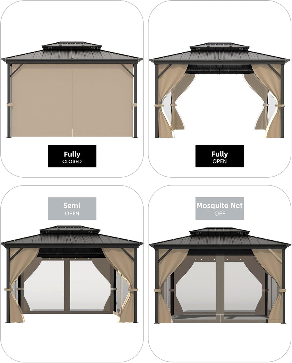 KYBOLT 10x12 Ft Hardtop Gazebos with Heavy Duty Double Roof, Nettings and Curtains Galvanized Steel Outdoor Gazebos for Patio, Backyard, Deck, Lawn