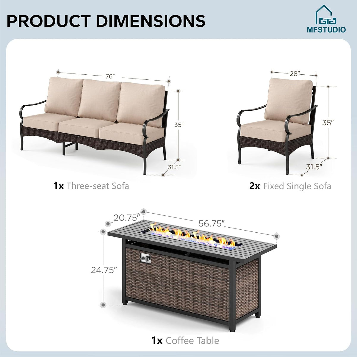 MFSTUDIO 4 Pieces Outdoor Patio Furniture Set, Metal Outdoor Conversation Set, Rattan Wicker Patio Sectional Set with 2 x Fixed Single Sofa, 3-Seat Sofa, 1 x Fire Pit Table, Beige