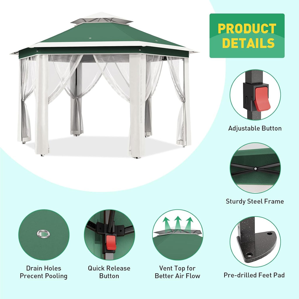 13' x 13' Pop-Up Gazebo, Hexagonal Canopy Shelter with 6 Zippered Mesh Netting, Event Tent with Strong Steel Frame for Backyard, Garden, Lawn, Green and Beige