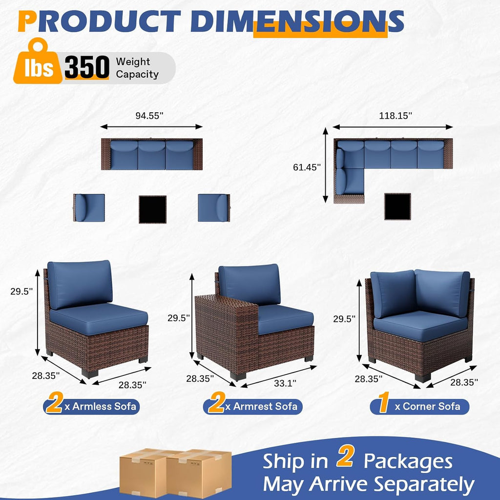 6 Pieces Outdoor Patio Furniture Set with Table Brown Rattan Sectional Sofa Conversation Sets for Balcony Lawn and Garden (Navy Blue, 6 pcs w/Table)