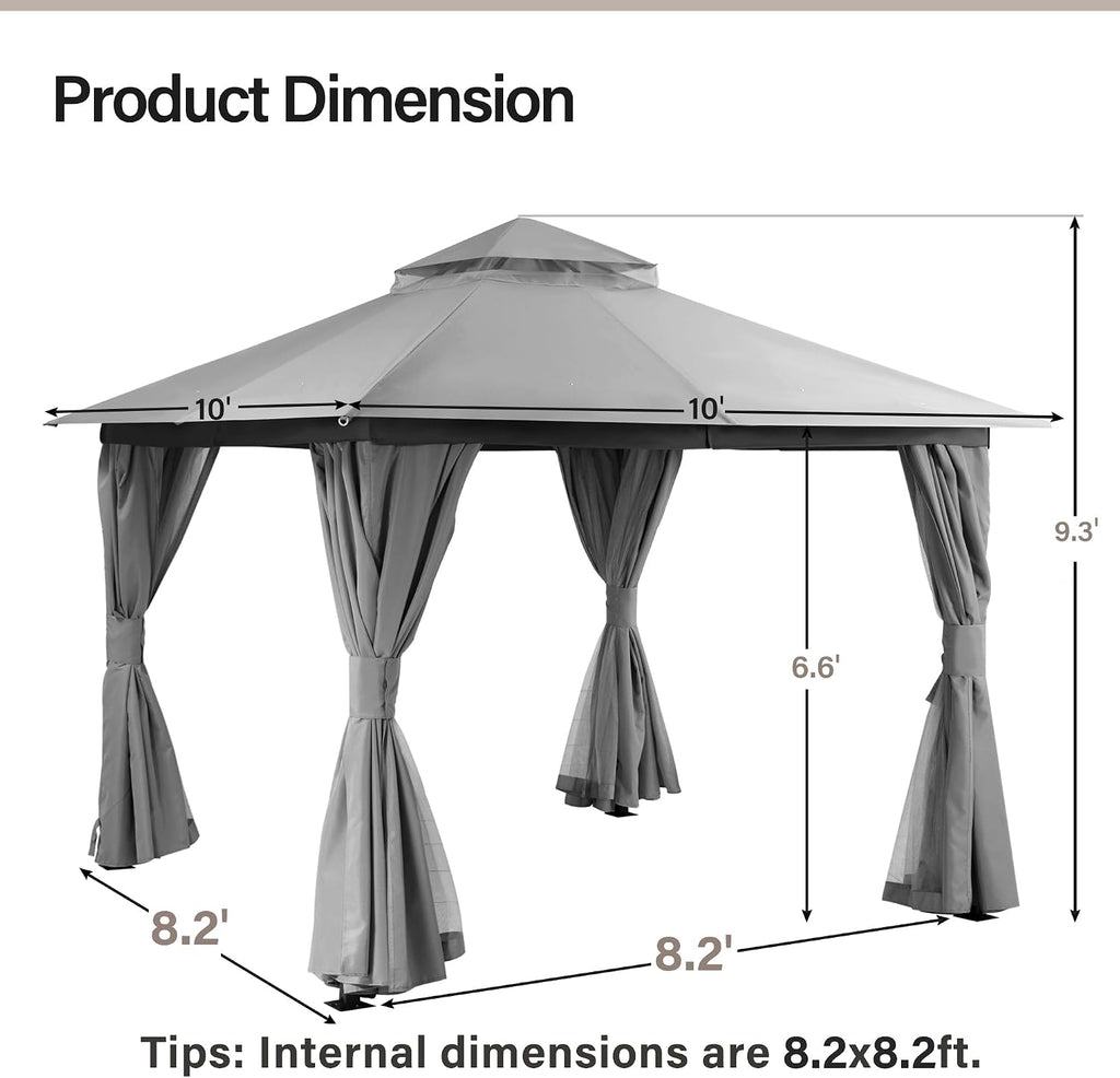 LAUSAINT HOME 10'x10' Outdoor Gazebo, Metal Frame Heavy Duty Patio Canopy Tent Shelter with Double Roofs, Mosquito Nettings and Privacy Screens for Backyard, Garden, Lawn, Gray