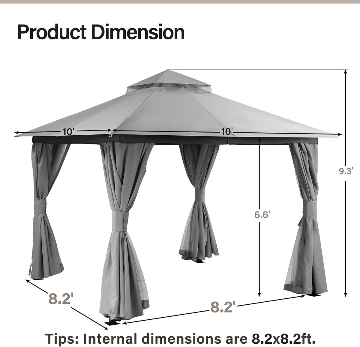 LAUSAINT HOME 10'x10' Outdoor Gazebo, Metal Frame Heavy Duty Patio Canopy Tent Shelter with Double Roofs, Mosquito Nettings and Privacy Screens for Backyard, Garden, Lawn, Gray