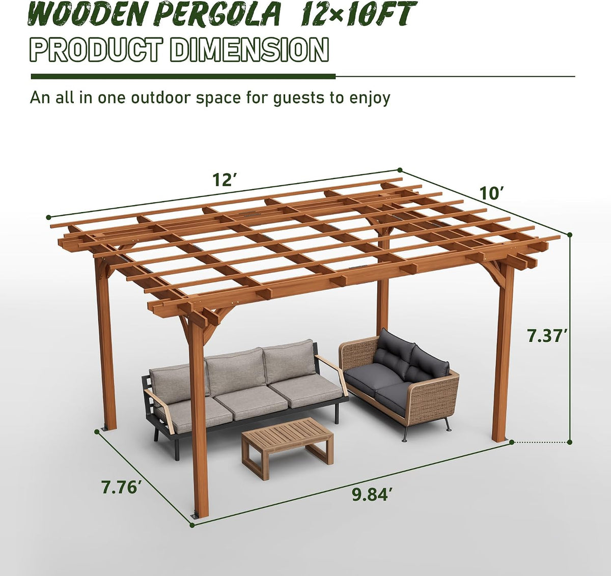 YOPTO 12 x 10 FT Outdoor Wood Pergola,Wooden Grape Pergola Gazebo,Climbing Plant Support for Garden,Backyard,Deck,Easy to Assemble,Brown