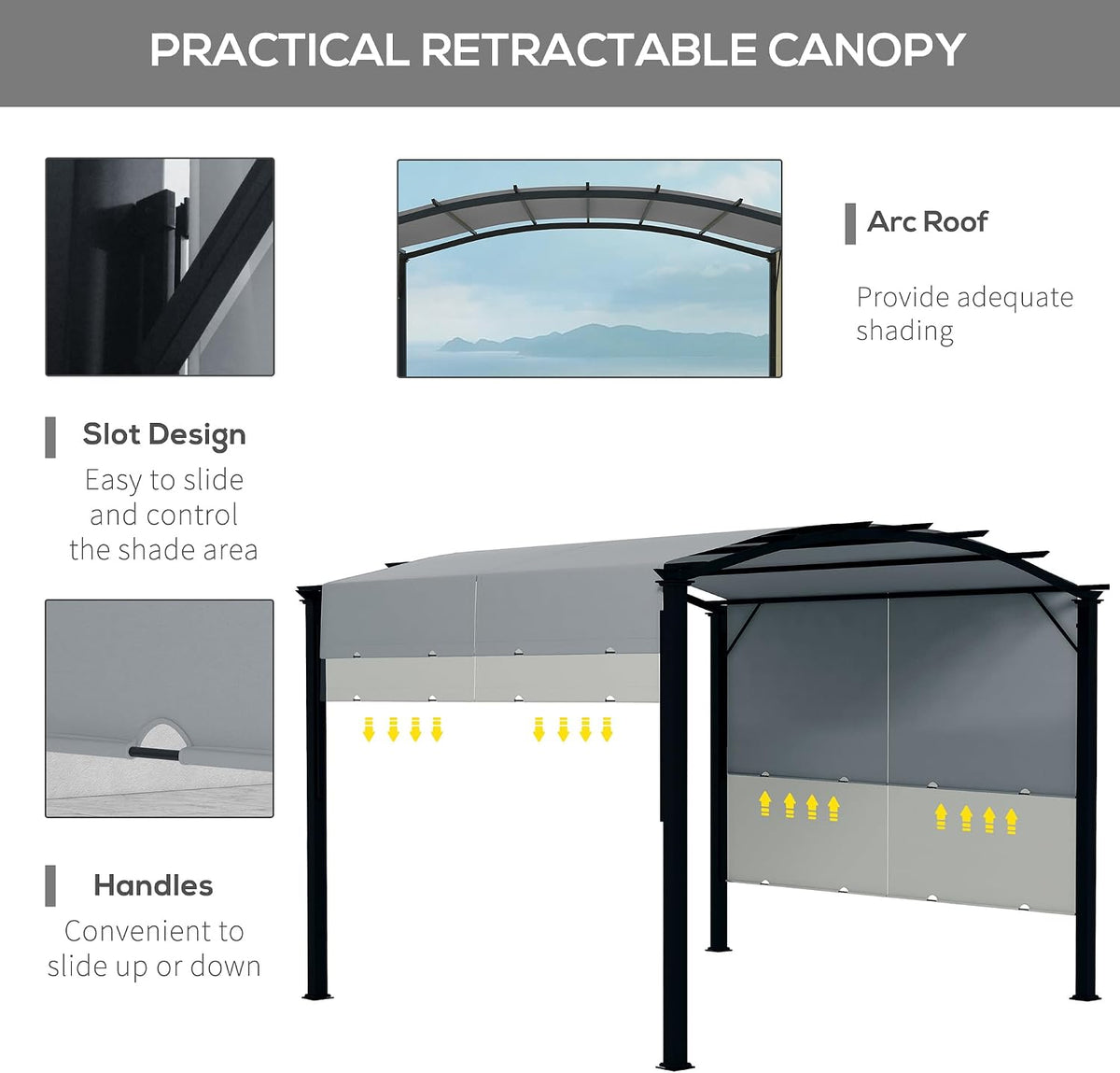 Outsunny 11' x 11' Outdoor Retractable Pergola Canopy, Arched Sun Shade Shelter, Metal Frame Patio Canopy for Backyard, Garden, Porch, Beach, Gray