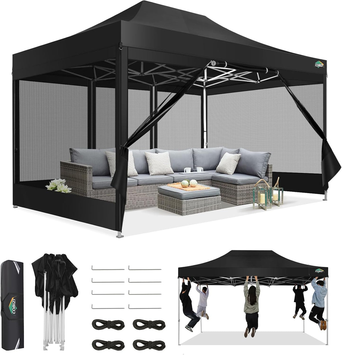 COBIZI 10x15 Canopy Tent, Heavy Duty Pop up Canopy with Sidewalls, Waterproof Easy Setup Canopy with Mosquito Netting, Outdoor Instant Screen Tents for Parties, Wedding, Backyard with Carry Bag, Black
