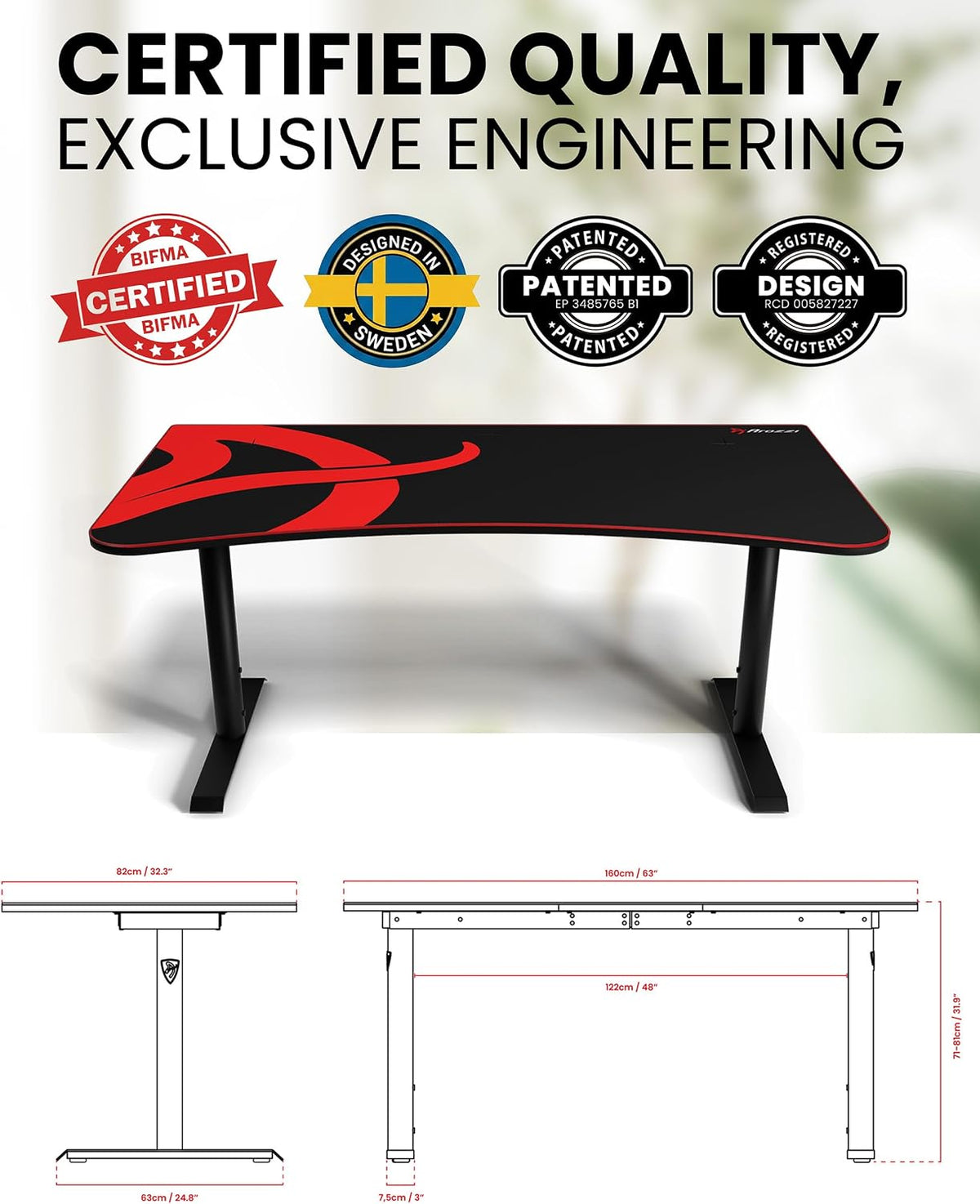 Arozzi Arena Gaming Desk 63' Wide, Ultrawide Curved Gaming and Office Desk, Large Gaming Desk with Custom Monitor Mount & Cable Management Under Desk (Black)