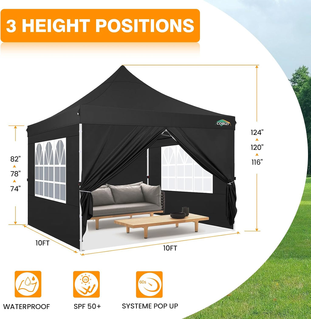 COBIZI 10x10 Pop Up Canopy with 4 Sidewalls, Canopy Tent 10x10 for Parties, Backyard, Commercial, Waterproof and Portable Instant Shelter UV50+ Outdoor Gazebo with 4 Sandbags(Black)