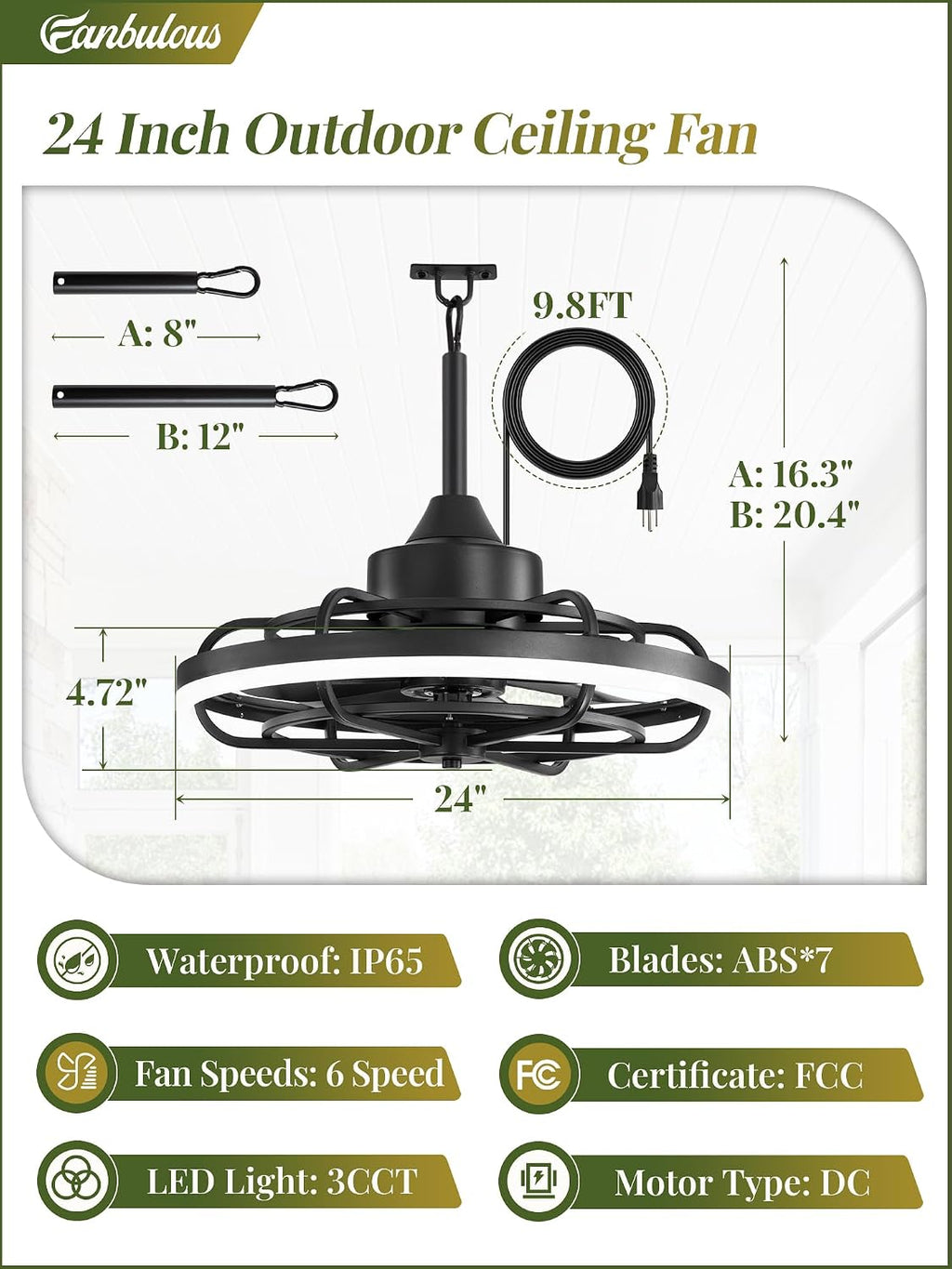 Fanbulous Outdoor Ceiling Fans with Light for Patios, 24' Weatherproof Plug in Ceiling Fan, Gazebo Fan Remote&APP Control, 3CCT Dimmable,Caged Ceiling Fan with Hanging Hook for Porch, Pergola,Canopy