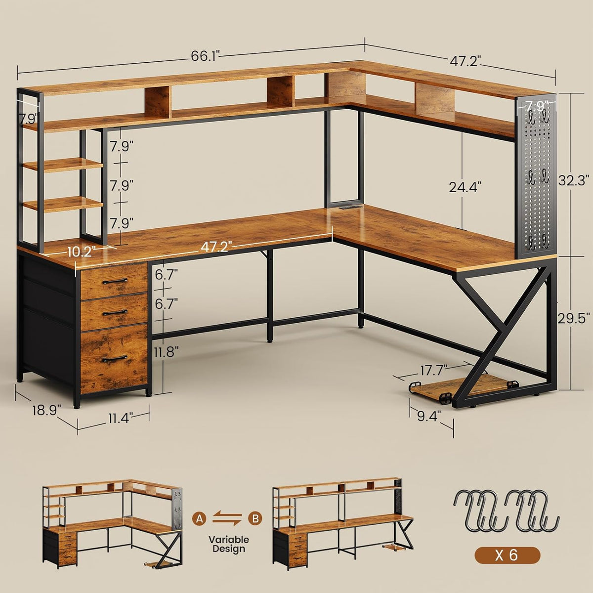 SEDETA L Shaped Desk with Hutch and 3 Drawers, Convertible 94.5' Computer Desk with File Drawer, L Shaped Office Desk with Power Outlet, LED Lights, Storage and Pegboard for Home Office, Brown