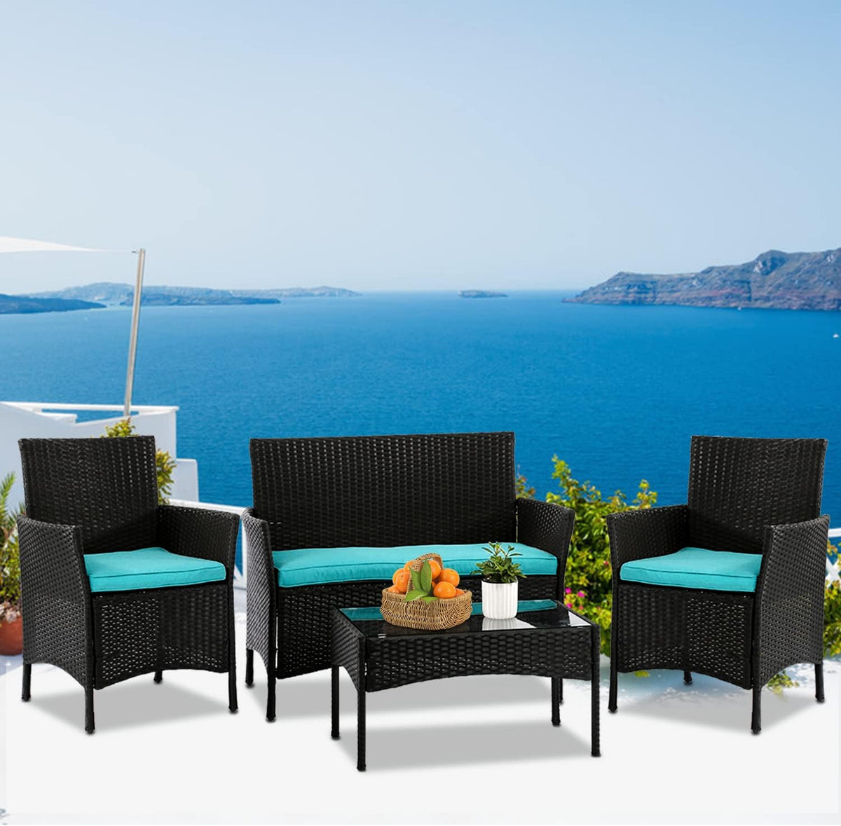 4 Pieces Wicker Patio Furniture Set Conversation Chairs with Table, Outdoor Rattan Patio Set for Balcony Backyard Front Porch Deco with Cushion Seat, Blue