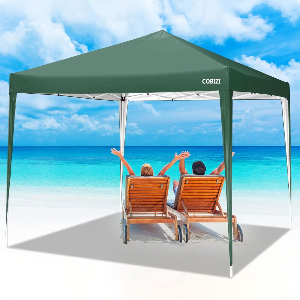 COBIZI 10x10 Pop Up Canopy Tent with 4 Sandbags, Easy Set Up Gazebo, Instant Outdoor Sun Shade &Waterproof Canopy with 8 Stakes,4 Ropes&Carry Bag, Tents for Parties, Beach, Backyard,Camping(Green