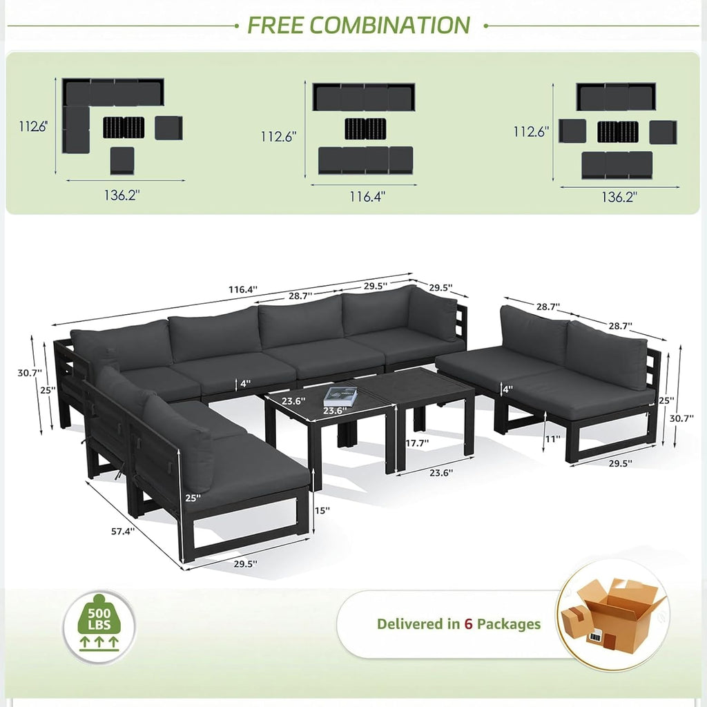 RADIATA 10 Pcs L-Shaped Contemporary Aluminum Outdoor Furniture Set, 29' Deep Wide Large Couch Set, 500 lbs High Weight Capacity Modular Patio Sectional Sofa with Side Table for Garden Yard, Dark Gray