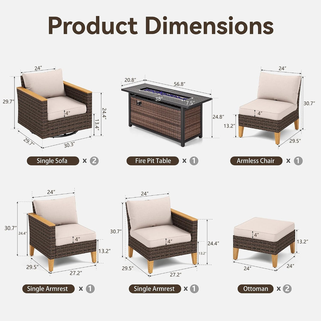 GREEN PARTY 7 Pieces Wicker Patio Furniture Set with 56' Fire Pit Table, All-Weather Outdoor Rattan Patio Sectional Sofa Conversation Set 7 Seats for Garden, Backyard, 2 x Swivel Chairs