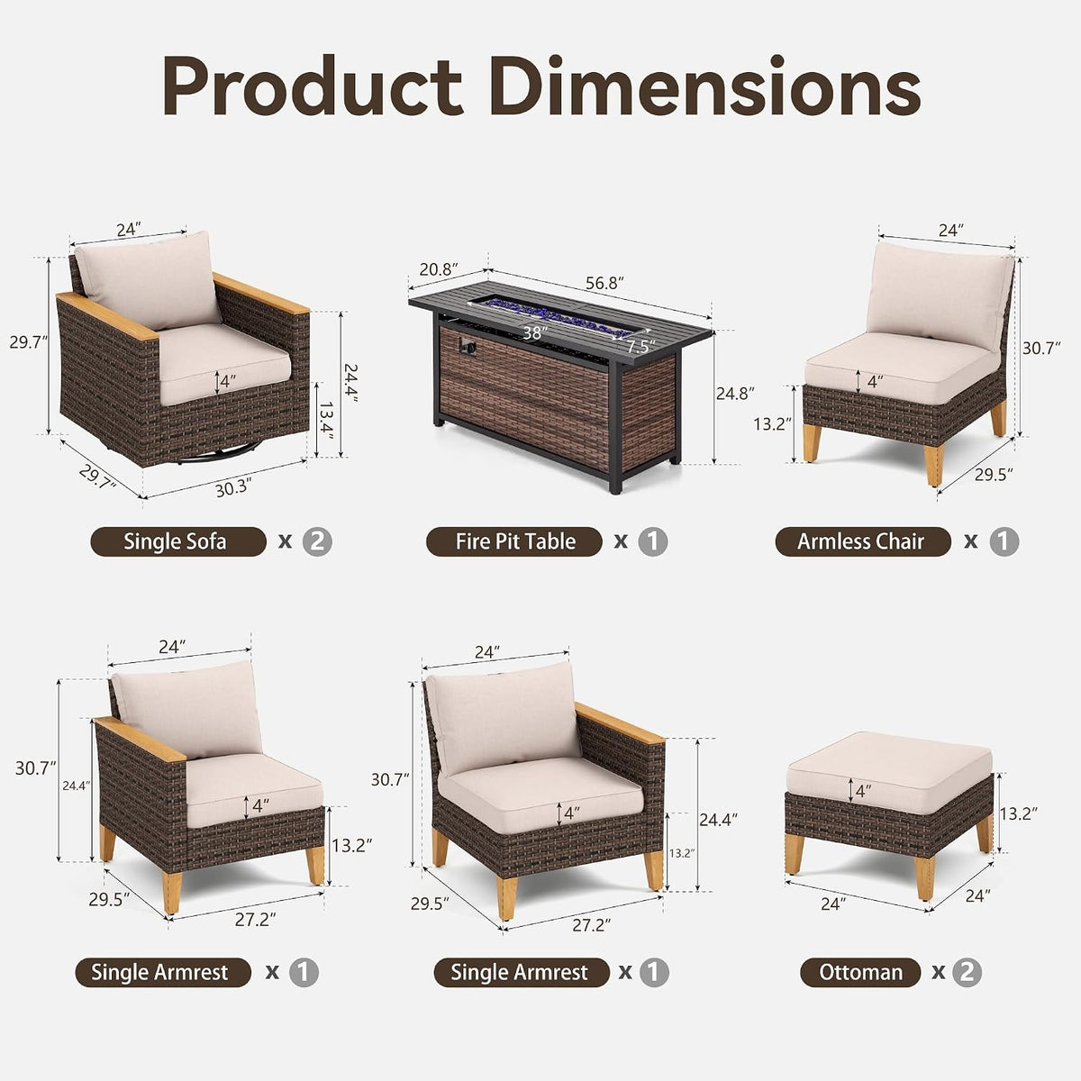 GREEN PARTY 7 Pieces Wicker Patio Furniture Set with 56' Fire Pit Table, All-Weather Outdoor Rattan Patio Sectional Sofa Conversation Set 7 Seats for Garden, Backyard, 2 x Swivel Chairs