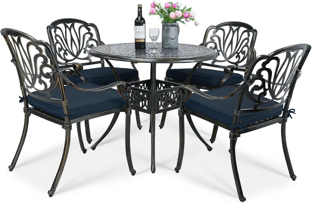 VIVIJASON 5-Piece Outdoor Patio Dining Set, All-Weather Cast Aluminum Conversation Set, Patio Furniture Set Include 4 Cushioned Chairs, a 35.4 inch Round Table w/Umbrella Hole, Navy Blue Cushion