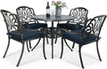 VIVIJASON 5-Piece Outdoor Patio Dining Set, All-Weather Cast Aluminum Conversation Set, Patio Furniture Set Include 4 Cushioned Chairs, a 35.4 inch Round Table w/Umbrella Hole, Navy Blue Cushion