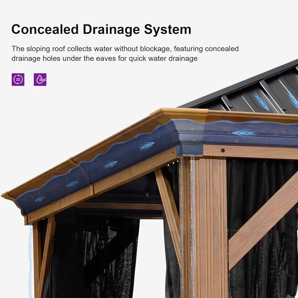 PURPLE LEAF 12' X 18' Outdoor Hardtop Gazebo for Patio Galvanized Steel Double Roof Permanent Canopy Teak Finish Coated Aluminum Frame Pavilion Gazebo with Netting