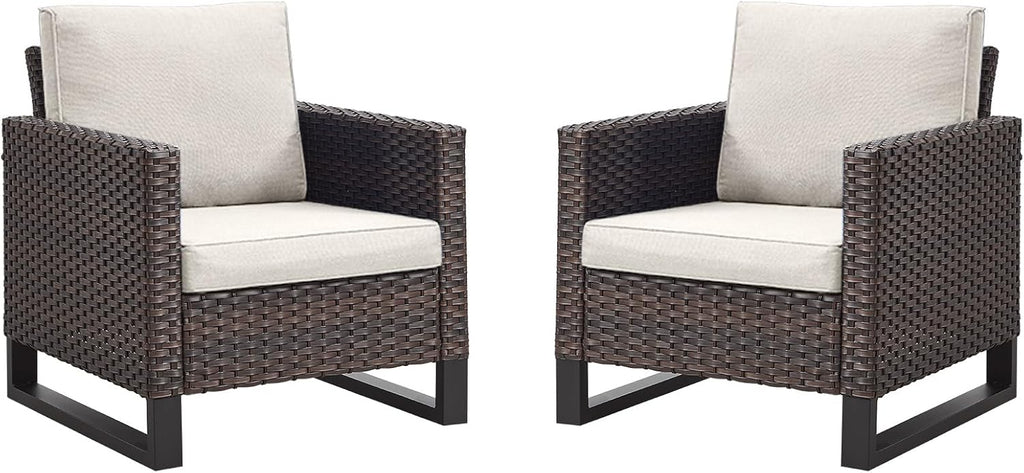 Rilyson Luxury Wicker Outdoor Patio Chairs Set of 2-Classic Rattan Chairs Water Resistant,Comfortable Cushions and Sturdy Metal Frame for Outside Porch Deck Backyard(Brown/Blue)