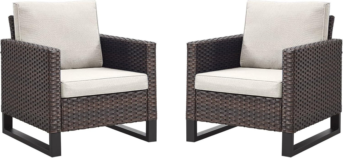 Rilyson Luxury Wicker Outdoor Patio Chairs Set of 2-Classic Rattan Chairs Water Resistant,Comfortable Cushions and Sturdy Metal Frame for Outside Porch Deck Backyard(Brown/Blue)