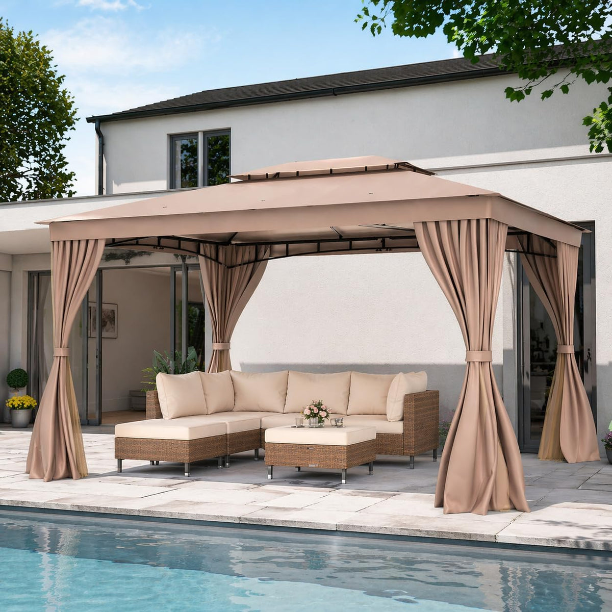 LAUSAINT HOME 10'x13' Outdoor Gazebo, Upgraded Metal Frame Heavy Duty Patio Canopy Tent Shelter with Double Roofs, Mosquito Nettings and Privacy Screens for Backyard, Garden, Lawn, Khaki