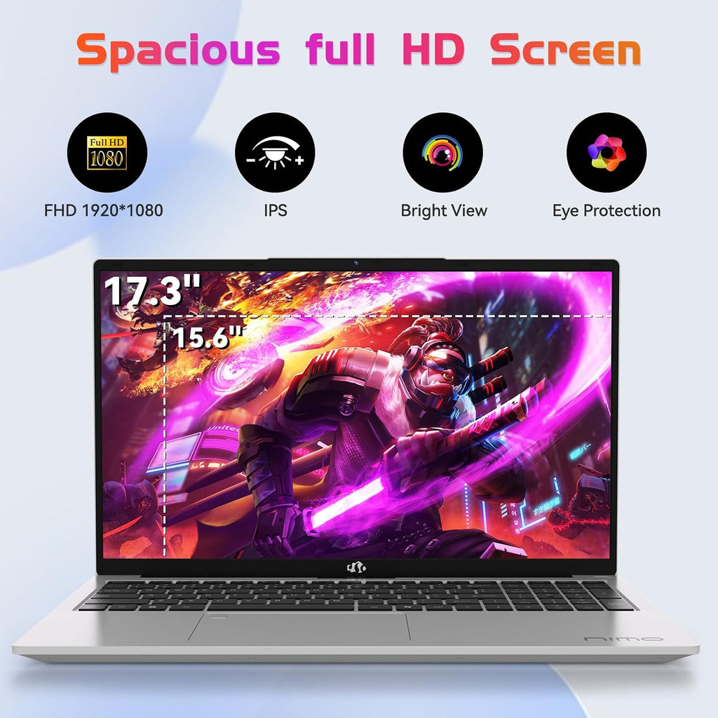 NIMO 17.3' FHD IPS Laptop, Intel Core i3-1215U (Beats i5-1135G7 Class), 16GB RAM, 512GB SSD, Windows 11 Home, Wi-Fi 6, Backlit Keyboard, Fingerprint, USB-C 65W Fast Charge, Bluetooth 5.2, 180° View