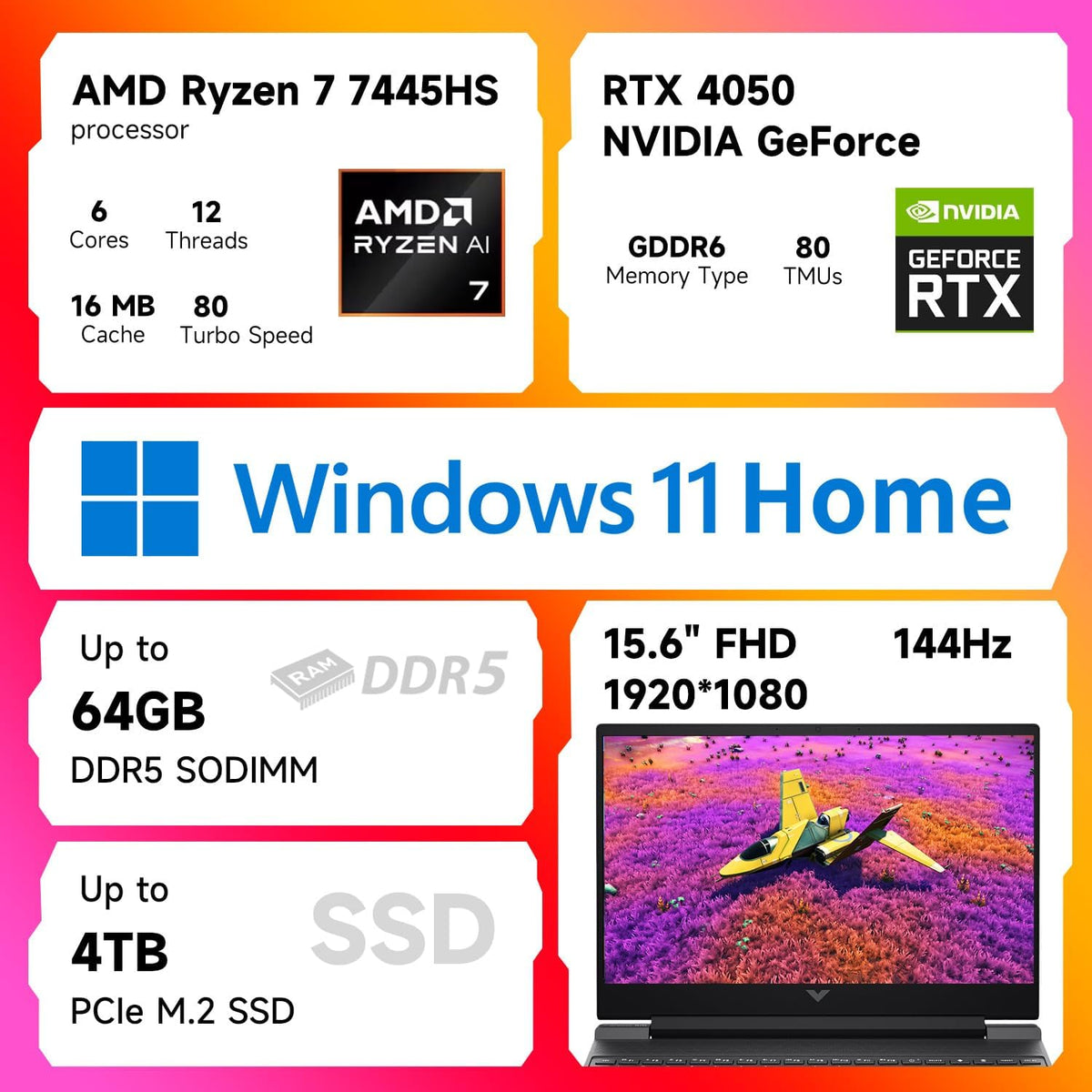 HP Victus RTX 4050 AI Gaming Laptop with Copilot, 15.6 FHD 144Hz, AMD Ryzen 7 7445HS(Beats Intel i7-13700), NVIDIA RTX 4050, 16GB DDR5 RAM, 1TB SSD, Backlit KB, Bundle with PCO Laptop Cooler