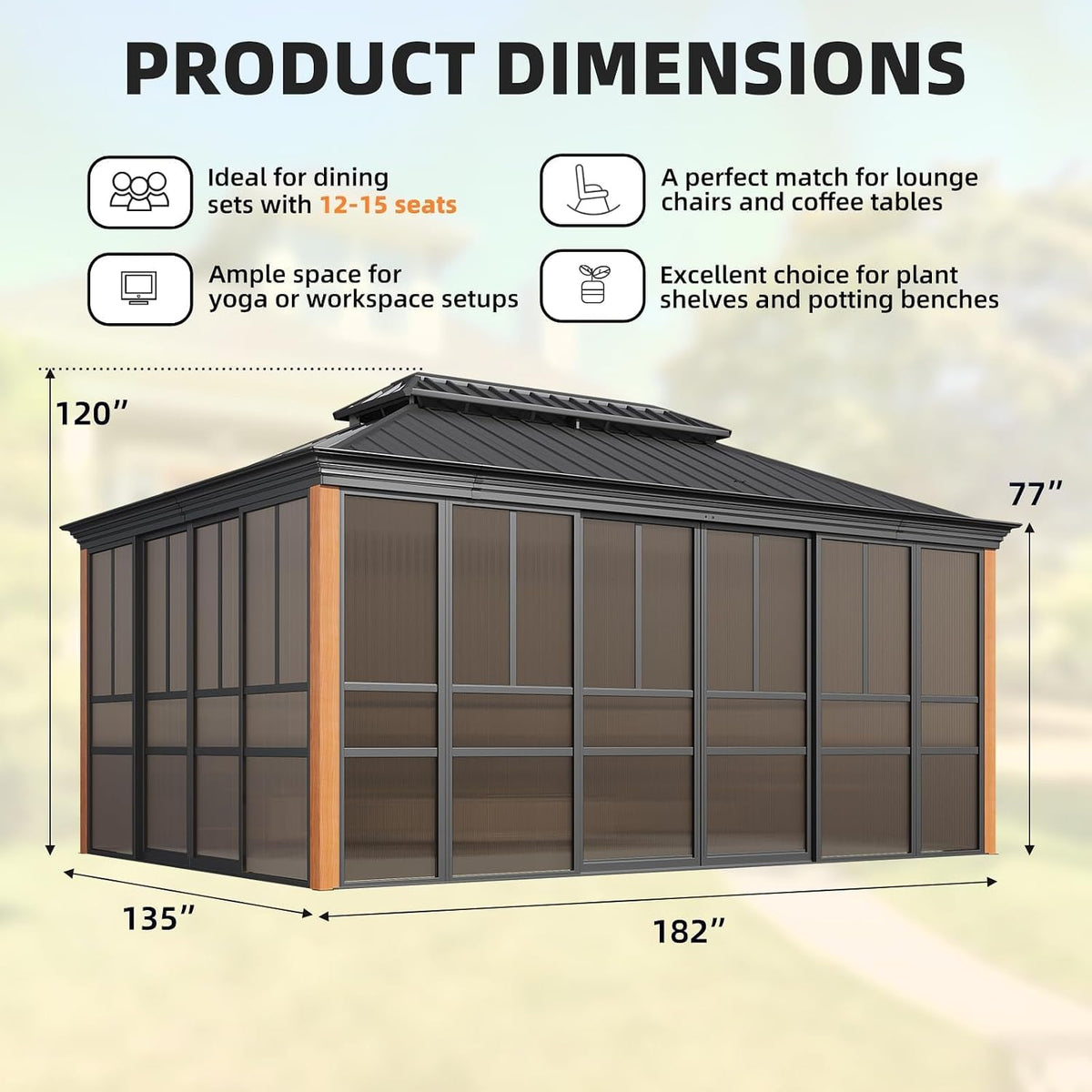 EROMMY 12x16 Wood Grain Sunroom Gazebo, Enclosed Outdoor Hardtop with Sliding Doors, Galvanized Steel Double Roof, Aluminum Frame for Backyard