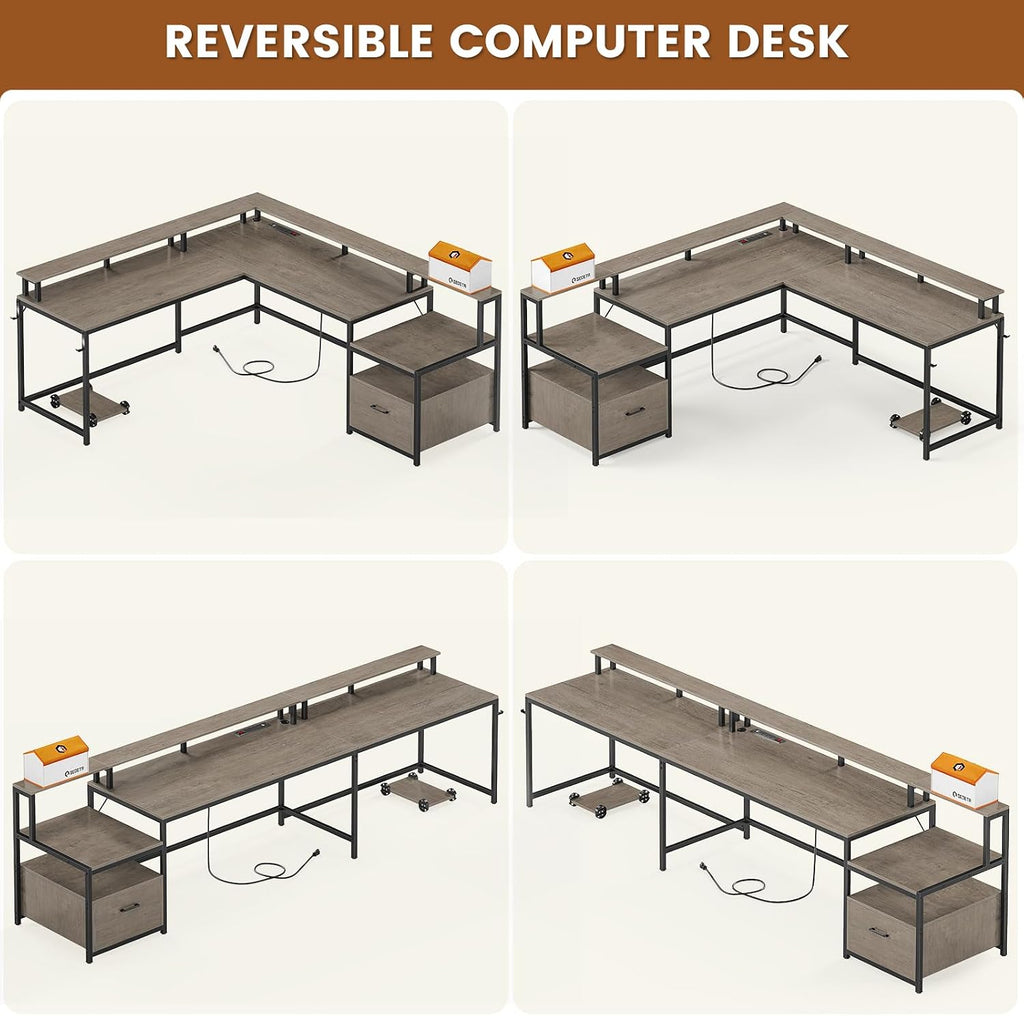 SEDETA L Shaped Desk, 66' Home Office Desk with Wood File Drawer, Power Outlet, Corner Computer Desk with Monitor Shelf, Printer Storage Shelves, Gaming Desk with Led Lights, Two Person Desk, Walnut