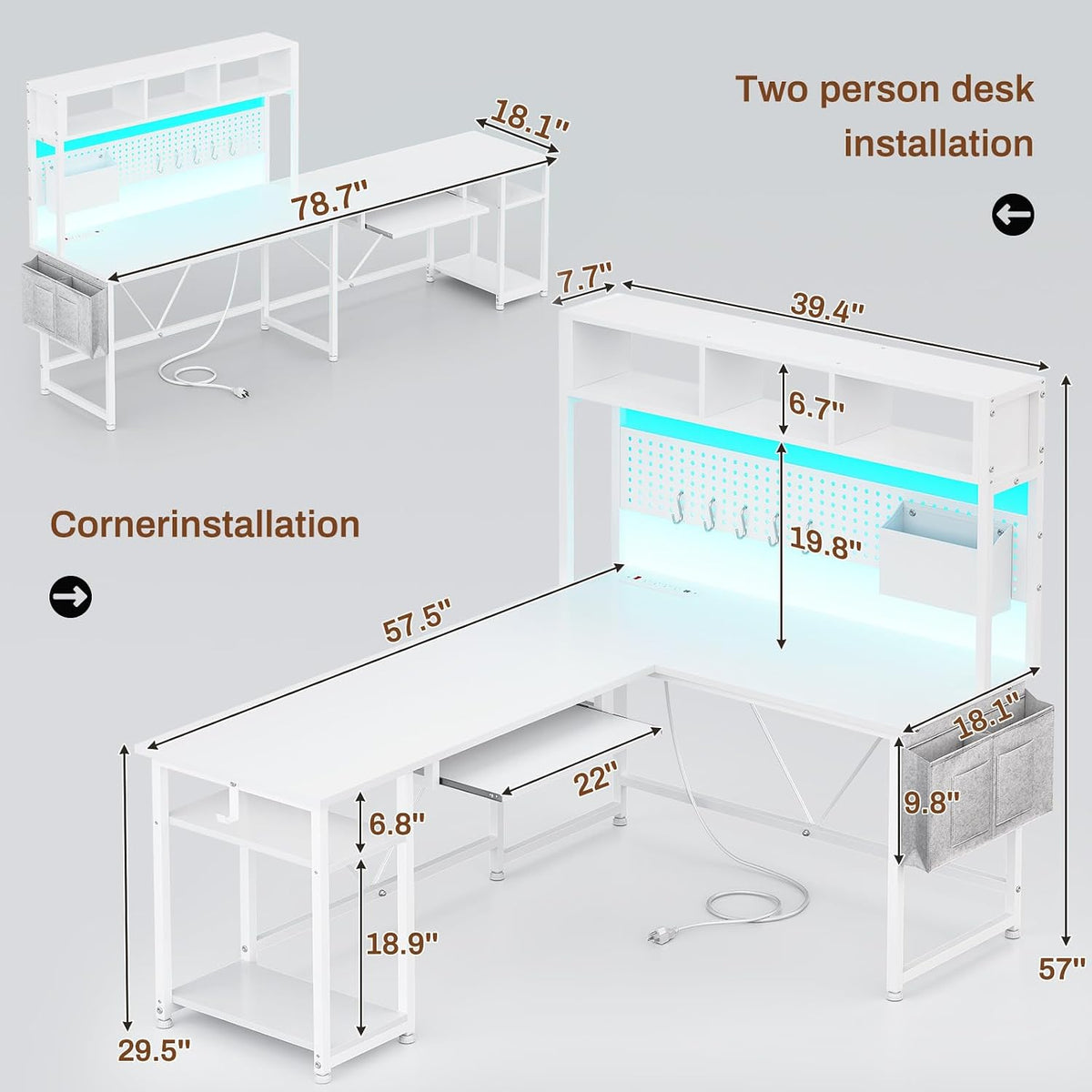 SEDETA White L Shaped Office Desk, 57.5' Corner Computer Desk with Power Outlet Pegboard and Keyboard Tray, Gaming Table with LED Lights, Hutch and Storage Shelves for Home Office